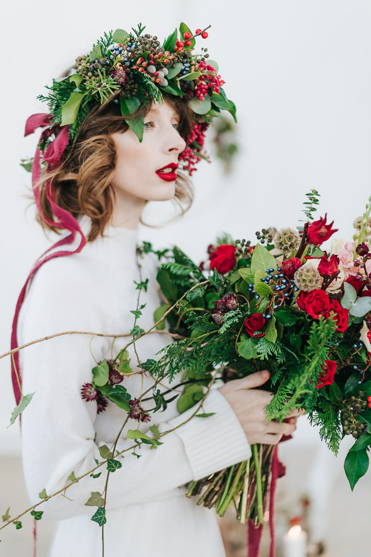 Flowers Greenery Folliage Rose Flower Crown Bride Bridal Red Green Winter Wonderland Wedding Ideas http://www.angelawardbrown.com/