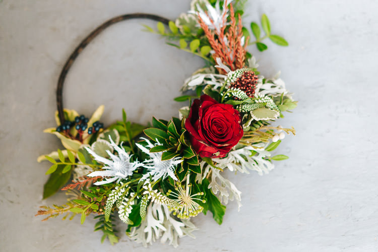 Flowers Greenery Folliage Rose Hoop Red Green Winter Wonderland Wedding Ideas http://www.angelawardbrown.com/