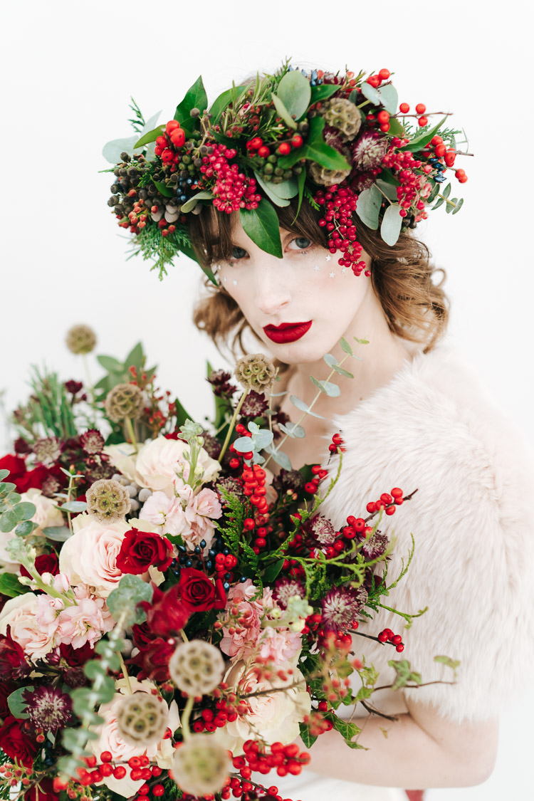 Flowers Greenery Folliage Rose Bouquet Bride Bridal Red Green Winter Wonderland Wedding Ideas http://www.angelawardbrown.com/