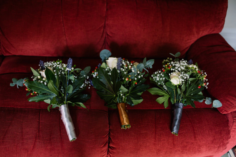 Bride Bridal Bridesmaids Bouquet Dark Ribbon Thistle Gypsophila Playful Metallic Zoo Winter Wedding https://www.jennbrookesphotographer.com/