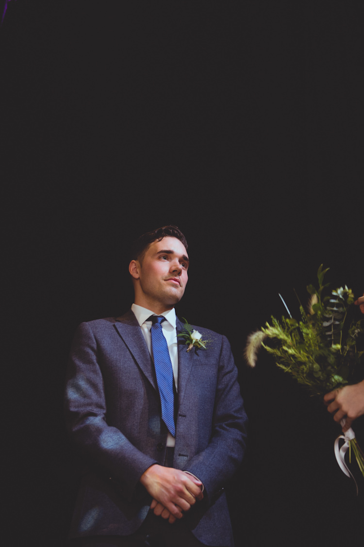 Blue Suit Reiss Groom Botanical Gold Sequin Music Hall Wedding http://sashaweddings.co.uk/