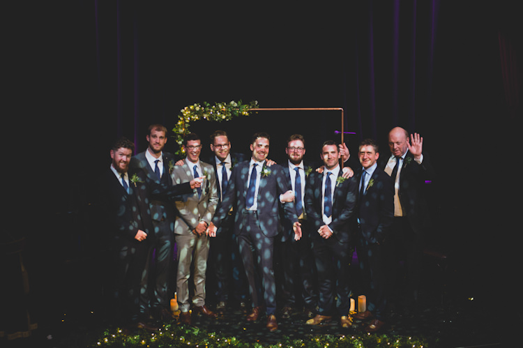 Mismatched Groomsmen Suits Botanical Gold Sequin Music Hall Wedding http://sashaweddings.co.uk/