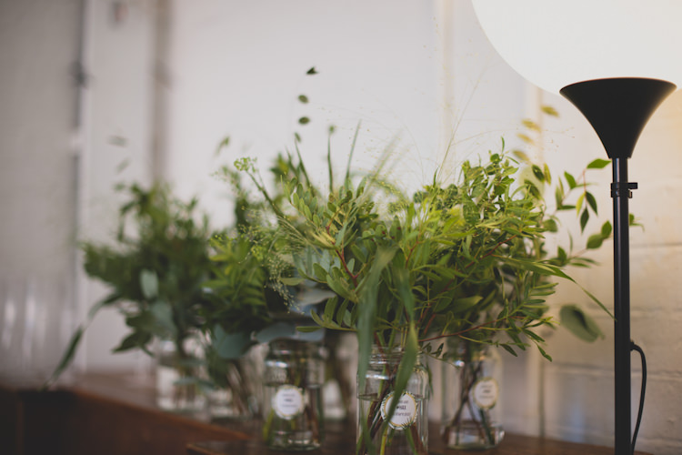 Jar Flowers Greenery Foliage Botanical Gold Sequin Music Hall Wedding http://sashaweddings.co.uk/