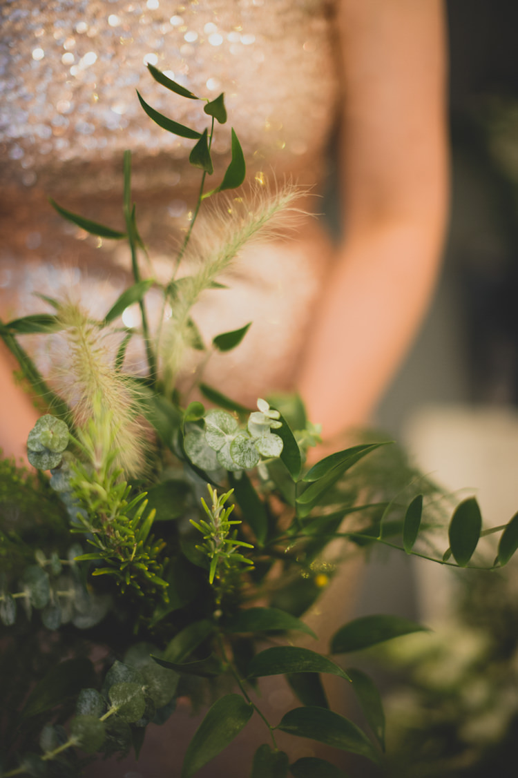 Bridesmaid Bouquet Flowers Greenery Foliage Botanical Gold Sequin Music Hall Wedding http://sashaweddings.co.uk/