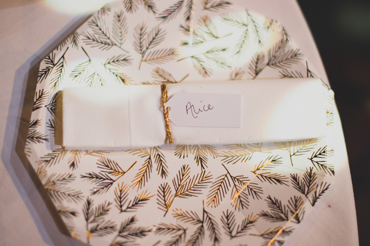 Place Name Setting Luggage Tag Botanical Gold Sequin Music Hall Wedding http://sashaweddings.co.uk/