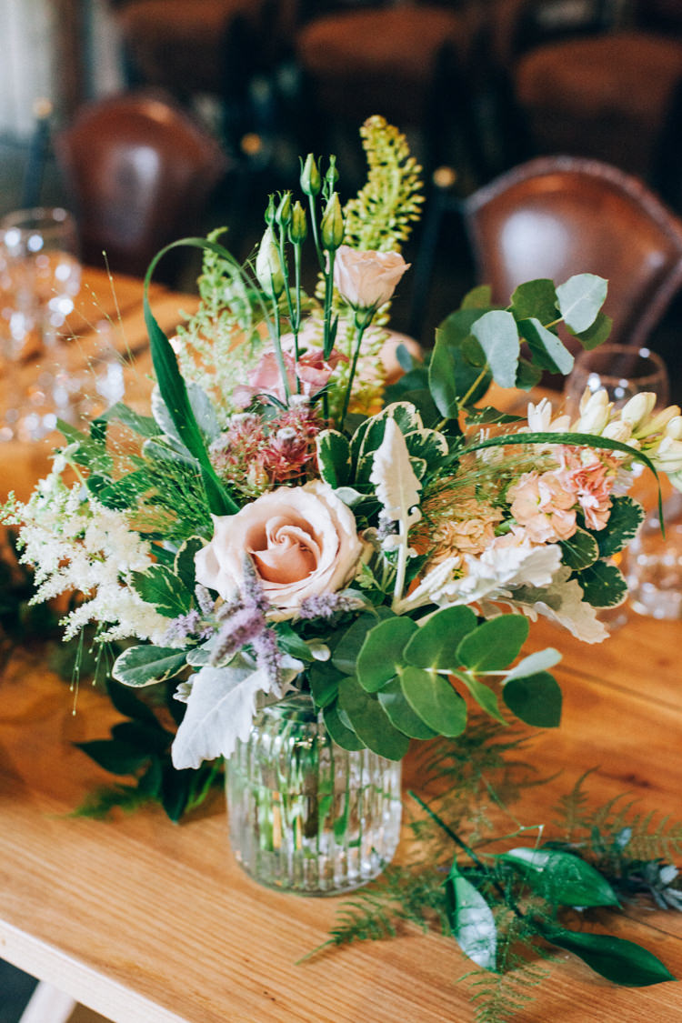 Flowers Table Centrepiece Pink Green Jar Flowery Bohemian Secret Garden Wedding https://caseyavenue.co.uk/