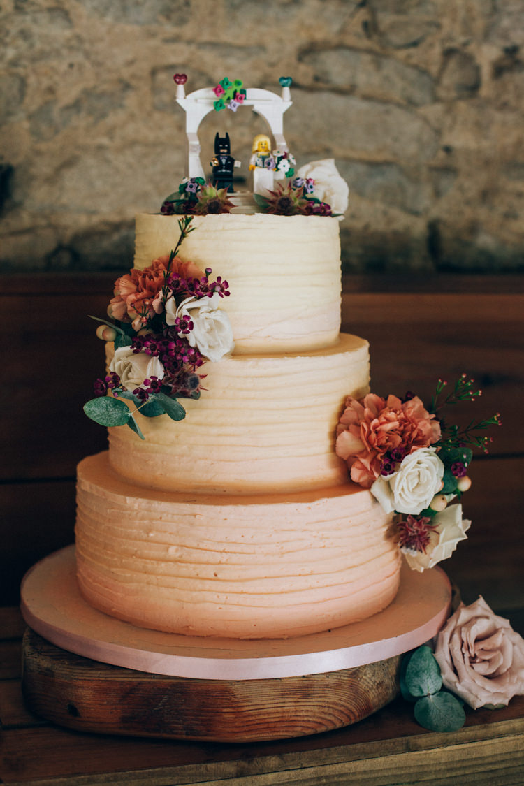 Ombre Buttercream Cake Peach Lego Topper Flowery Bohemian Secret Garden Wedding https://caseyavenue.co.uk/