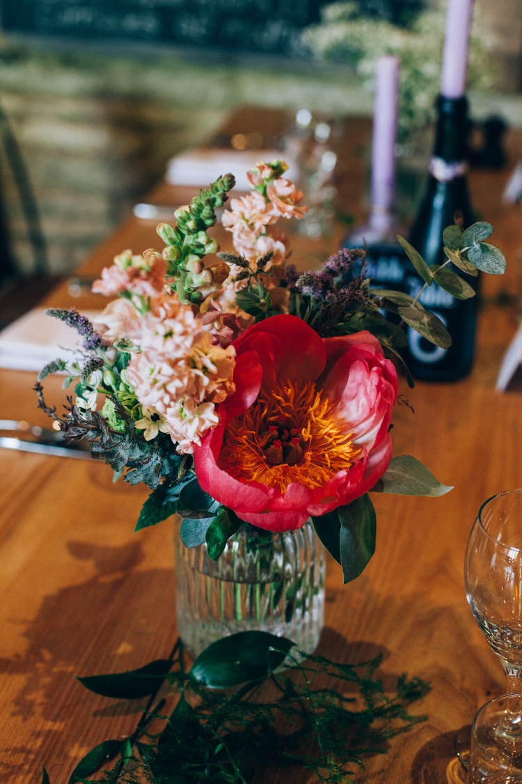 Coral Peony Flowers Jar Table Centrepiece Flowery Bohemian Secret Garden Wedding https://caseyavenue.co.uk/