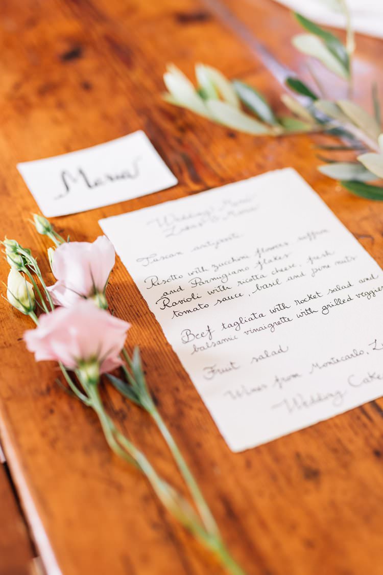 Italy Destination Wedding Olive Trees Simple Outdoor Reception Summer Spring Menu | Romantic Garden Elopement Tuscany http://purewedding.it/en