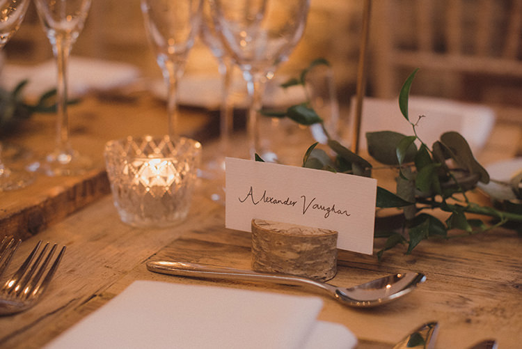 Calligraphy Log Place Name Cards Joyful Warm Cosy Autumn Barn Wedding http://www.rebeccadouglas.co.uk/
