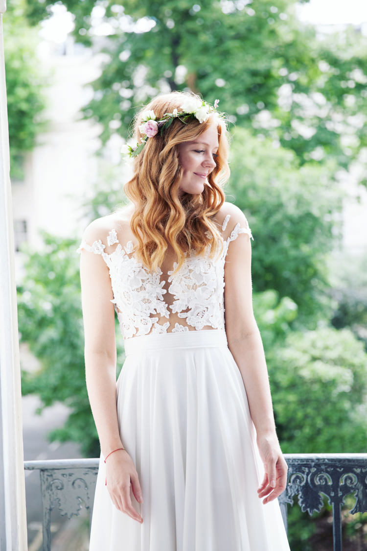 Illusion Lace Dress Gown Bride Bridal Mila Nova Flower Crown Relaxed Lavender Farm Marquee Wedding https://sashaleephotography.com/