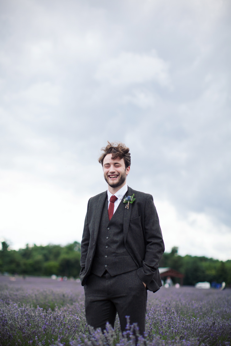 Tweed Suit Groom Knitted Tie Relaxed Lavender Farm Marquee Wedding https://sashaleephotography.com/
