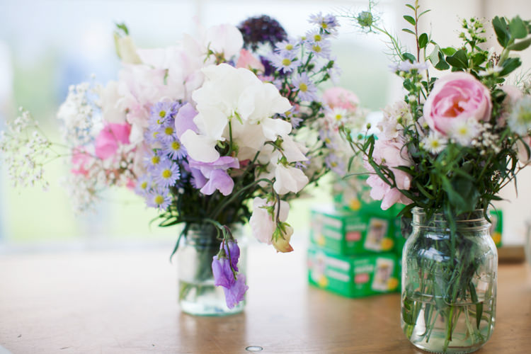 Flowers Jars Pastel Summer Relaxed Lavender Farm Marquee Wedding https://sashaleephotography.com/