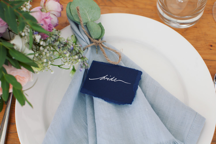 Calligraphy Place Name Card Linen Napkins Flowers Twine Relaxed Lavender Farm Marquee Wedding https://sashaleephotography.com/