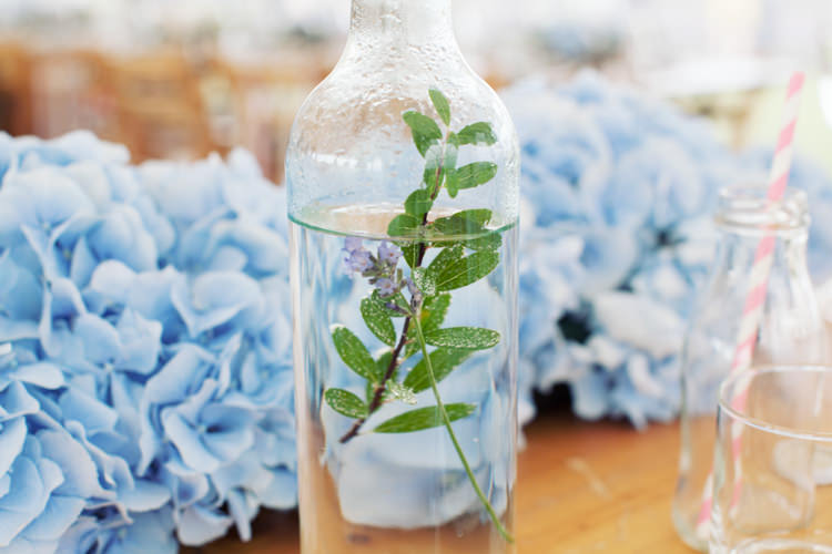 Flowers Water Bottle Blue Hydrangea Relaxed Lavender Farm Marquee Wedding https://sashaleephotography.com/