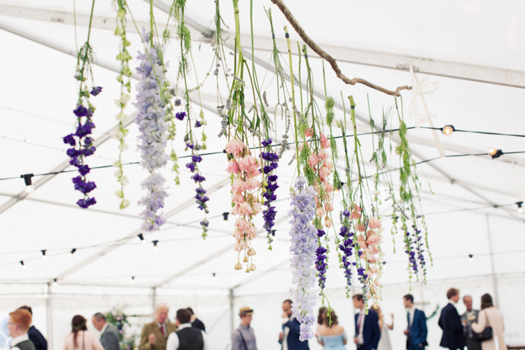 Hanging Flower Installation Relaxed Lavender Farm Marquee Wedding https://sashaleephotography.com/