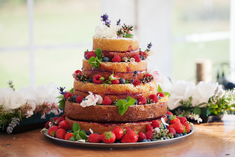 Naked Cake Sponge Layer Fruit Flowers Relaxed Lavender Farm Marquee Wedding https://sashaleephotography.com/