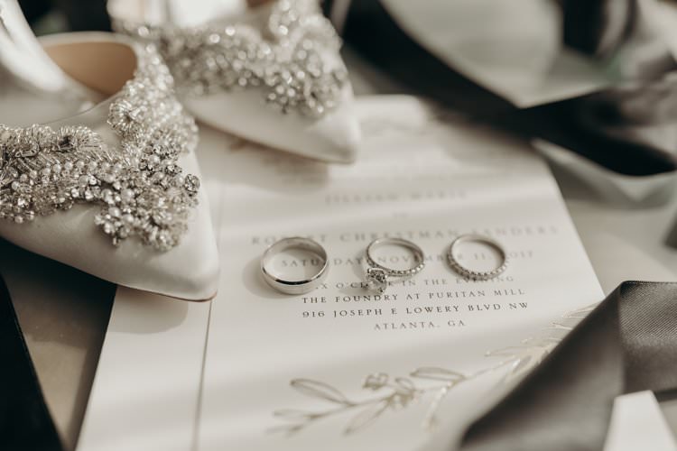 Modern Stylish Chic White Embellished Bridal Shoes Badgley Mischka Rings Stationery Invite | Urban Industrial Luxe Wedding http://hellencophotos.com/