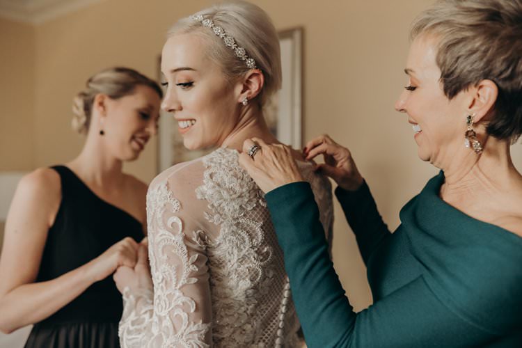 Modern Stylish Chic Bridalwear Train Wedding Dress Long Bell Sleeves Intricate Illusion Lace Short Hair | Urban Industrial Luxe Wedding http://hellencophotos.com/