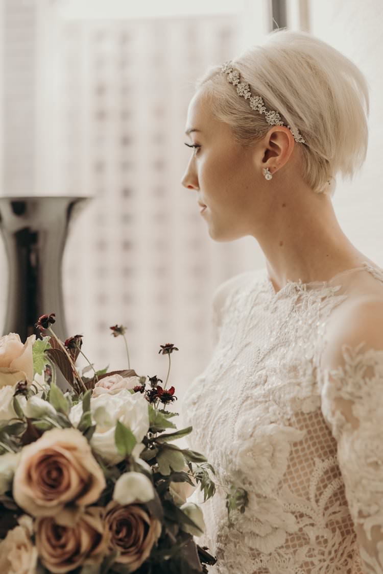 Modern Stylish Chic Bridalwear Train Wedding Dress Long Bell Sleeves Intricate Illusion Lace Short Hair | Urban Industrial Luxe Wedding http://hellencophotos.com/
