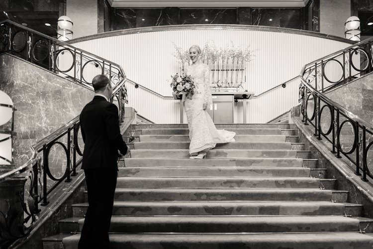 Modern Stylish Chic Bridalwear Train Wedding Dress Long Bell Sleeves Intricate Illusion Lace Short Hair First Look | Urban Industrial Luxe Wedding http://hellencophotos.com/