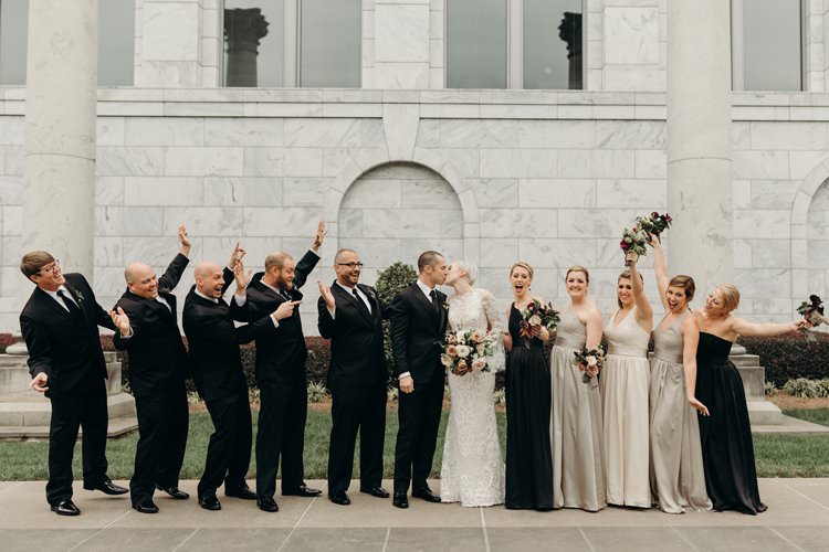 Bride Groom Groomsmen Bridesmaids Group Photo City Building Outdoors | Urban Industrial Luxe Wedding http://hellencophotos.com/