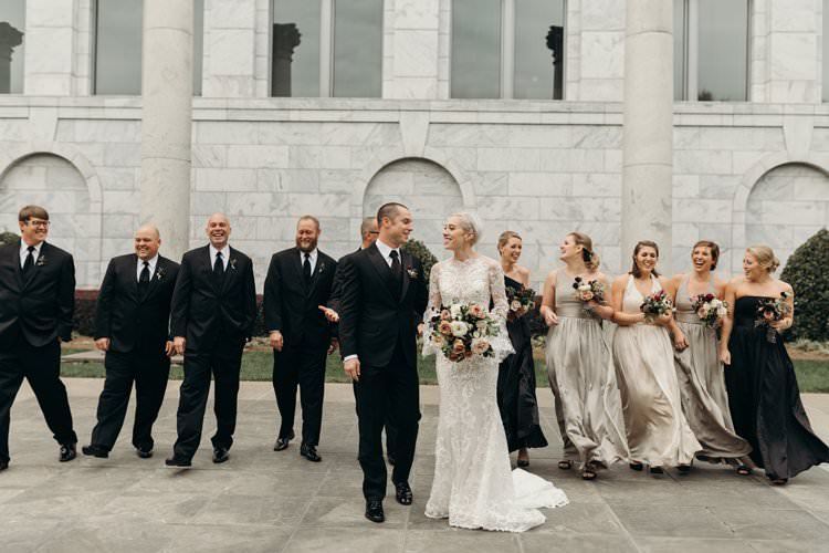 Bride Groom Groomsmen Bridesmaids Group Photo City Building Outdoors | Urban Industrial Luxe Wedding http://hellencophotos.com/