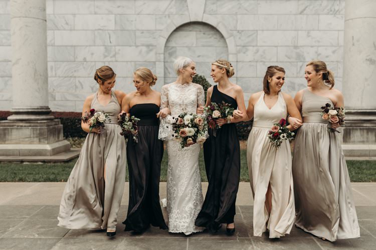 Bride Bridesmaids Grey Black Beige Mauve Group Photo City Building Outdoors | Urban Industrial Luxe Wedding http://hellencophotos.com/