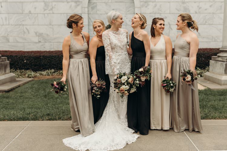 Bride Bridesmaids Grey Black Beige Mauve Group Photo City Building Outdoors | Urban Industrial Luxe Wedding http://hellencophotos.com/