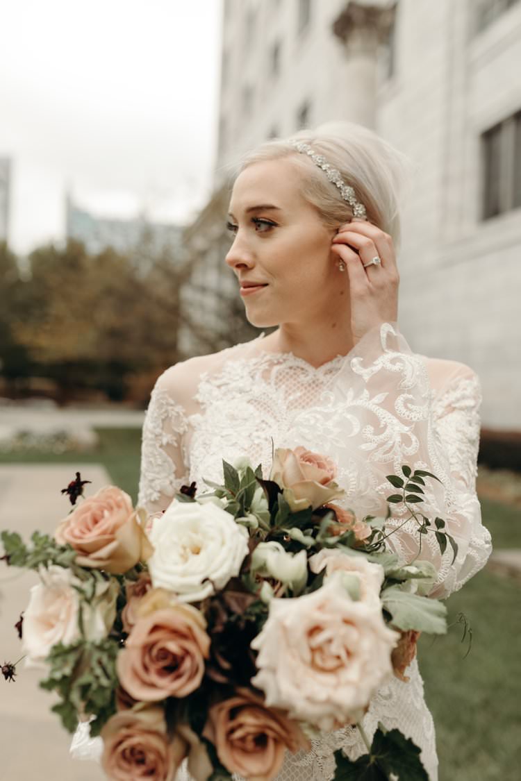 Modern Stylish Chic Bridalwear Train Wedding Dress Long Bell Sleeves Intricate Illusion Lace Short Hair Pink White Bouquet | Urban Industrial Luxe Wedding http://hellencophotos.com/