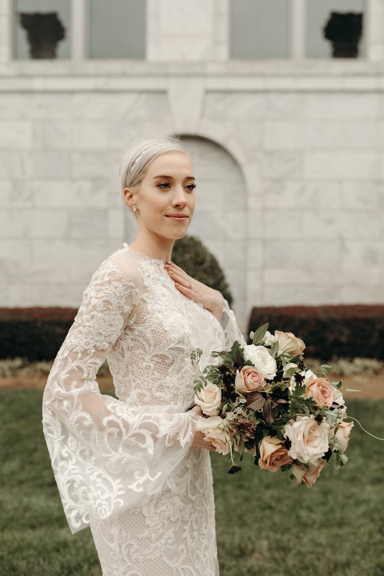 Modern Stylish Chic Bridalwear Train Wedding Dress Long Bell Sleeves Intricate Illusion Lace Short Hair Pink White Bouquet | Urban Industrial Luxe Wedding http://hellencophotos.com/