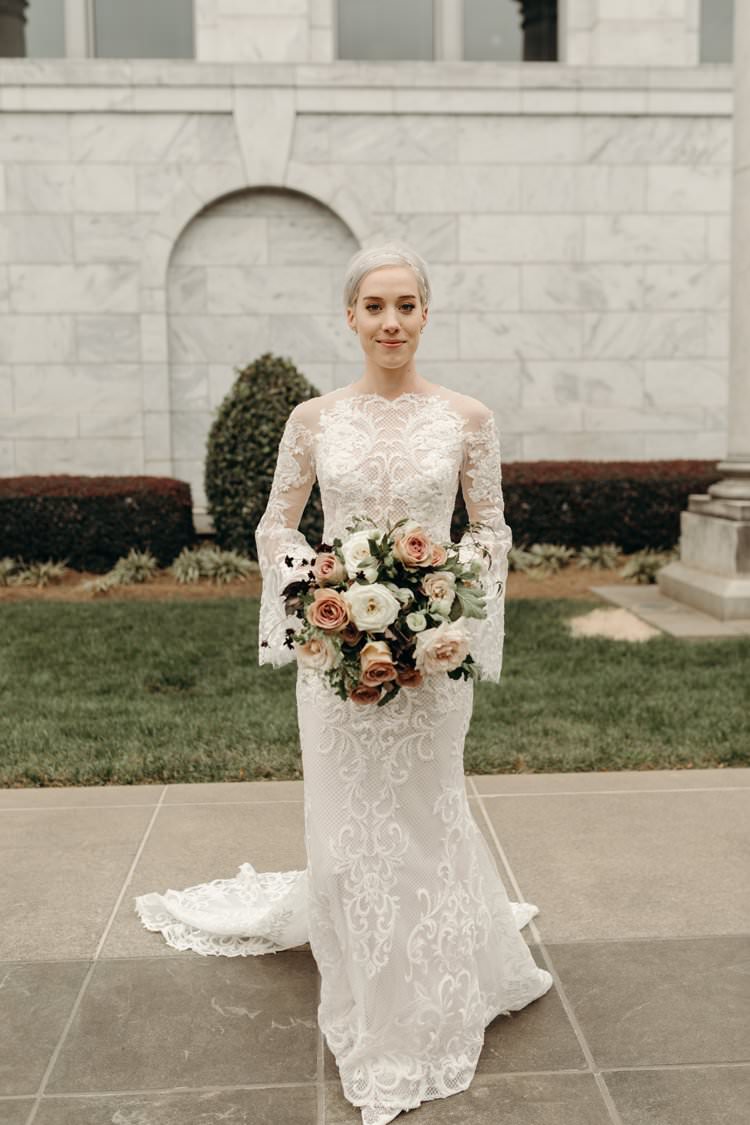 Modern Stylish Chic Bridalwear Train Wedding Dress Long Bell Sleeves Intricate Illusion Lace Short Hair Pink White Bouquet | Urban Industrial Luxe Wedding http://hellencophotos.com/
