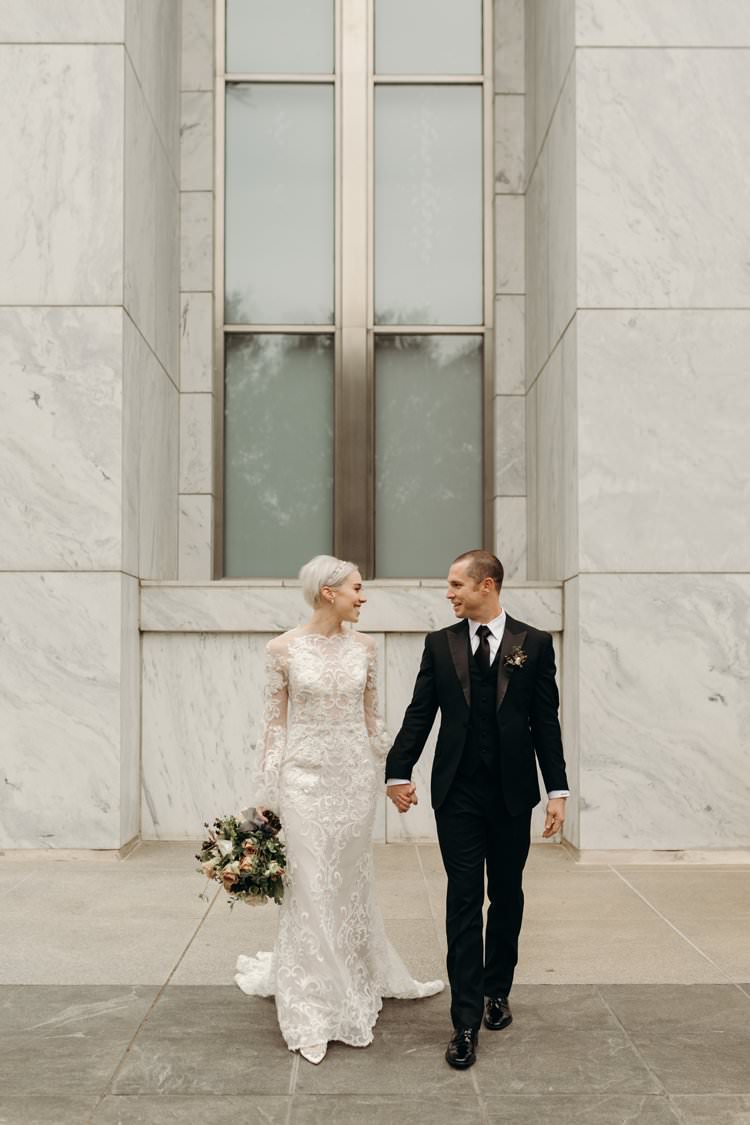 Modern Stylish Chic Bridalwear Wedding Dress Long Bell Sleeves Intricate Illusion Lace Short Hair Groom | Urban Industrial Luxe Wedding http://hellencophotos.com/