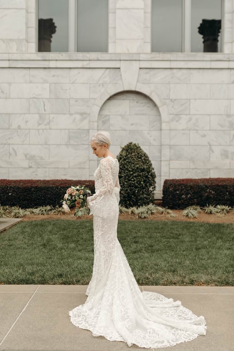 Modern Stylish Chic Bridalwear Wedding Dress Long Bell Sleeves Intricate Illusion Lace Train Short Hair | Urban Industrial Luxe Wedding http://hellencophotos.com/