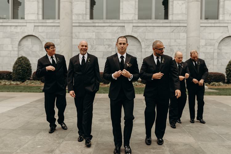 Groom Groomsmen Black Suits Group Photo City Building Outdoors | Urban Industrial Luxe Wedding http://hellencophotos.com/