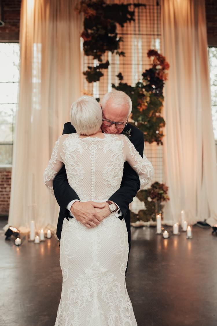 Modern Stylish Chic Geometric Ceremony Aisle Installation Backdrop Moss Candles Warehouse | Urban Industrial Luxe Wedding http://hellencophotos.com/