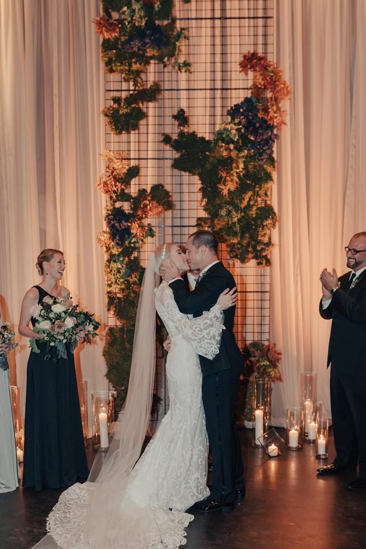 Modern Stylish Chic Geometric Ceremony Aisle Installation Backdrop Moss Candles Warehouse | Urban Industrial Luxe Wedding http://hellencophotos.com/