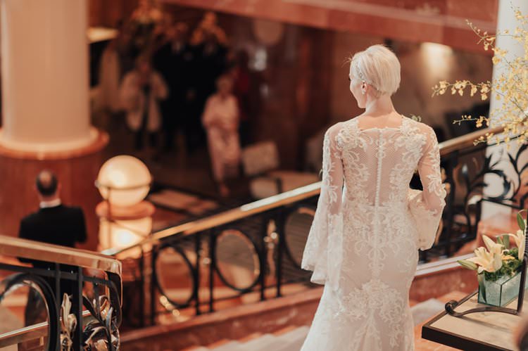 Modern Stylish Chic Bridalwear Train Wedding Dress Long Bell Sleeves Intricate Illusion Lace Short Hair First Look | Urban Industrial Luxe Wedding http://hellencophotos.com/