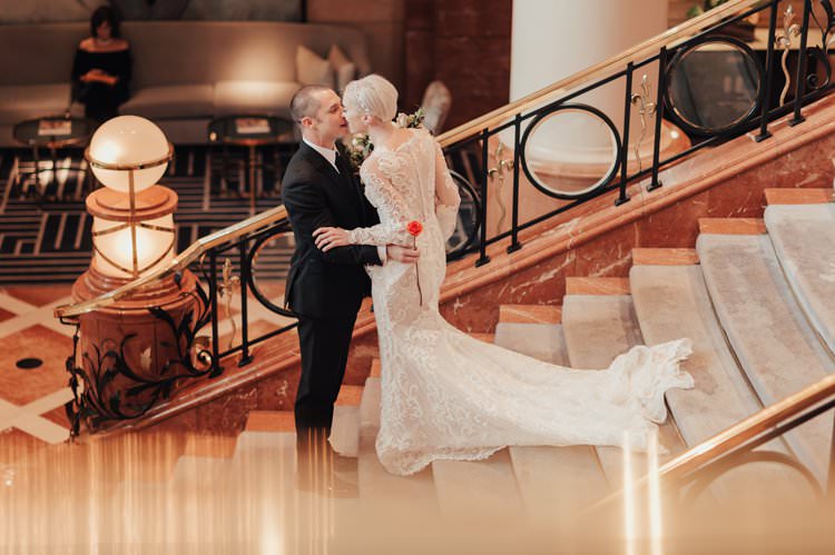 Modern Stylish Chic Bridalwear Train Wedding Dress Long Bell Sleeves Intricate Illusion Lace Short Hair First Look | Urban Industrial Luxe Wedding http://hellencophotos.com/