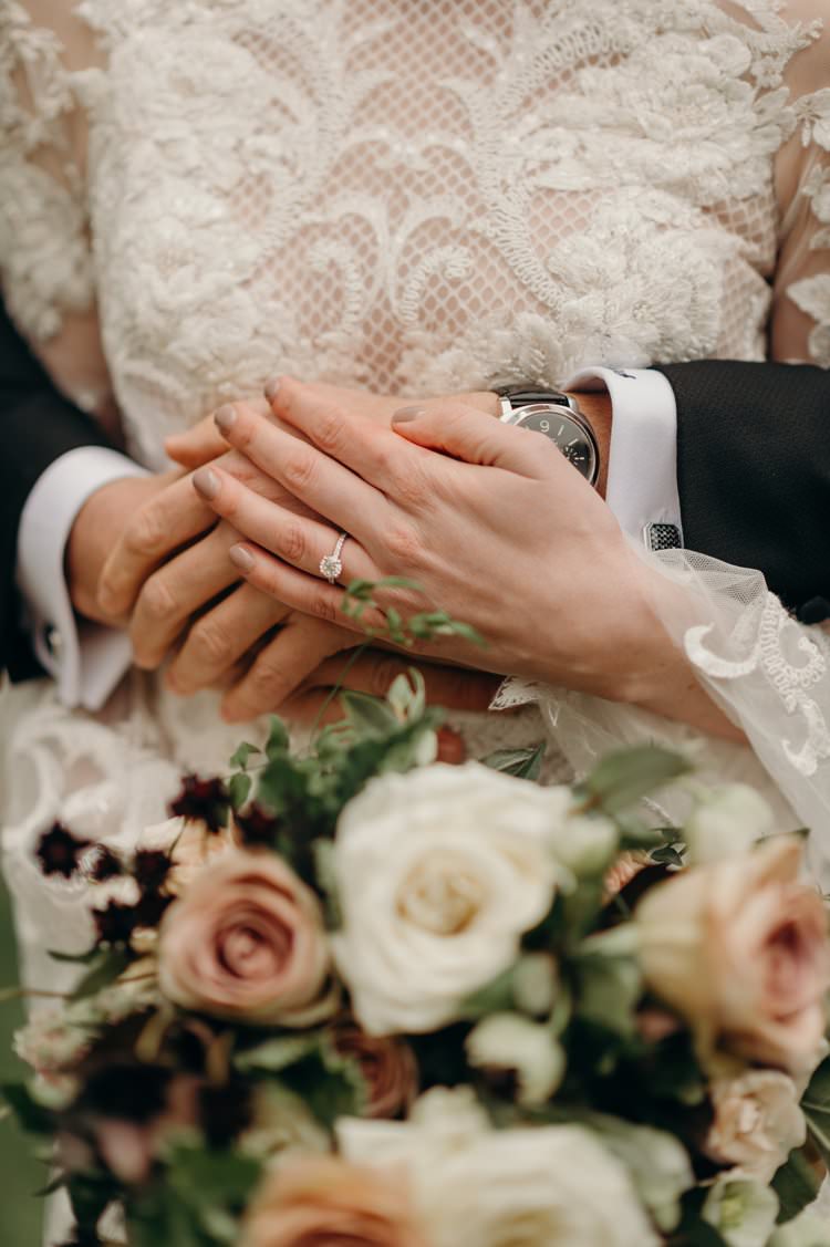 Modern Stylish Chic Bridalwear Wedding Dress Long Bell Sleeves Intricate Illusion Lace Mauve Nails Ring | Urban Industrial Luxe Wedding http://hellencophotos.com/