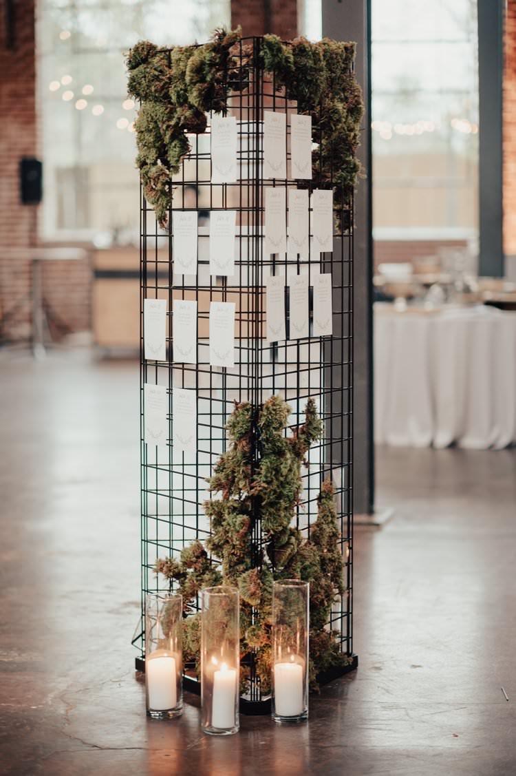 Modern Stylish Minimalist Chic Refined Decor Geometric Candles Table Plan Metal Moss Installation | Urban Industrial Luxe Wedding http://hellencophotos.com/
