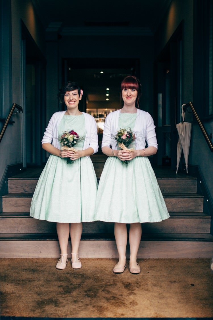 Bridesmaids Lindy Bop Mint Green 50s Tea Length Dress White Cardigan Retro Posy Bouquet Old Fashioned Fete Cricket Pavilion Wedding https://www.naomijanephotography.com/