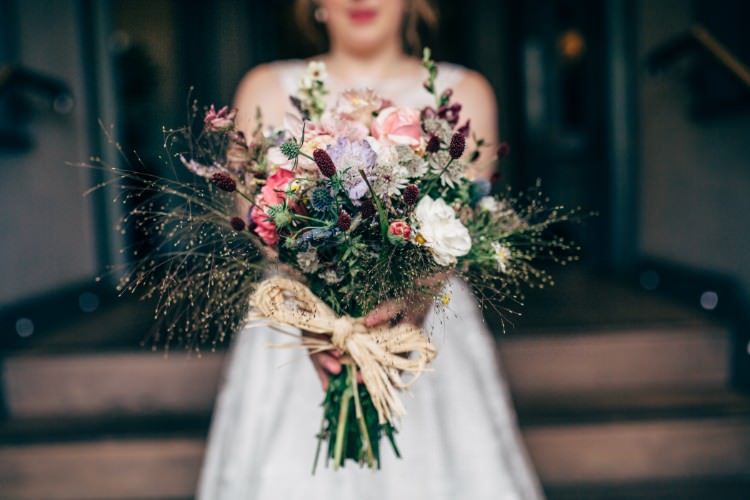 Bride Bridal Wildflower Meadow Grasses Raffia Thistle Bouquet Old Fashioned Fete Cricket Pavilion Wedding https://www.naomijanephotography.com/