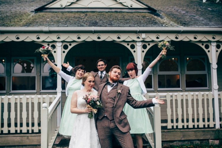 Bride Bridal Dress Gown Tea Length Sweetheart Neckline Lace Tweed Three Piece Waistcoat Suit Bow Tie Lindy Bop Bridesmaids Mint White Cardigan Old Fashioned Fete Cricket Pavilion Wedding https://www.naomijanephotography.com/