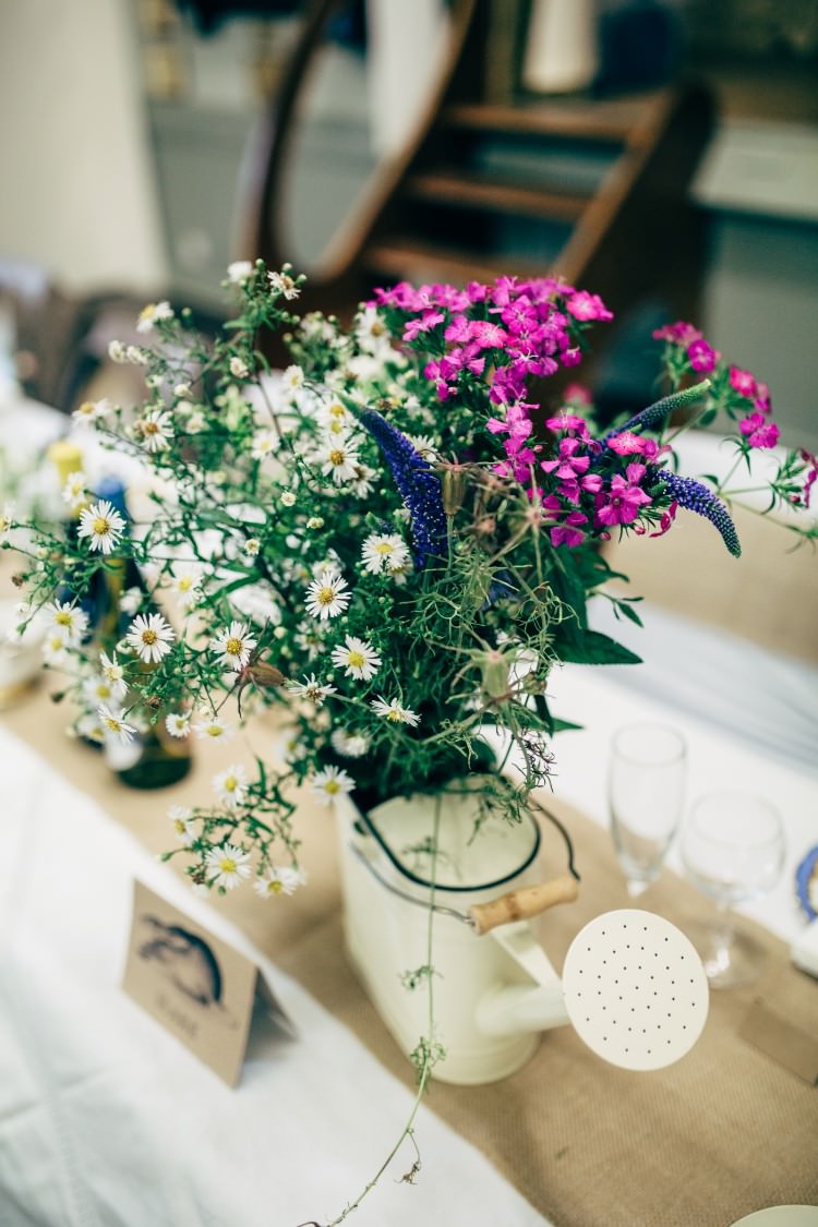 Vintage Watering Can Floral Arrangement Wildflower Daisy Old Fashioned Fete Cricket Pavilion Wedding https://www.naomijanephotography.com/