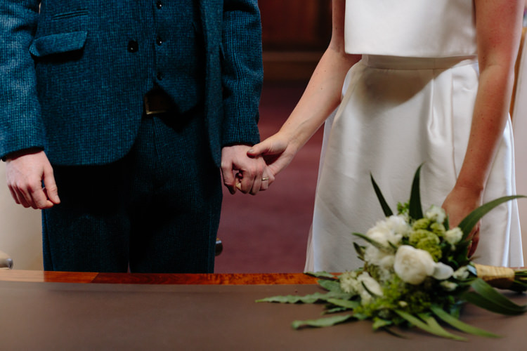 London Stoke Newington Town Hall Aisle Civil Ceremony Bride Groom Navy Suit Jesus Peiro Dress | Modern Tropical Gold Urban Wedding https://www.christinewehrmeier.com/