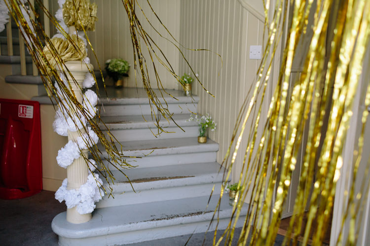 London The Tab Centre Shoreditch White Paper Pompom Gold Curtain Decor | Modern Tropical Gold Urban Wedding https://www.christinewehrmeier.com/