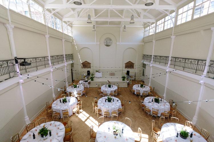 London Shoreditch The Tab Centre Wedding White Gold Green Tropical Festoon Lights Paper Pompoms | Modern Tropical Gold Urban Wedding https://www.christinewehrmeier.com/