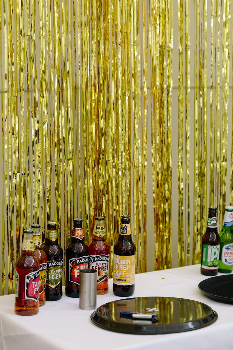 Ale Beer Bar Drinks Table Gold Curtain Decor London Urban The Tab Centre Shoreditch | Modern Tropical Gold Urban Wedding https://www.christinewehrmeier.com/