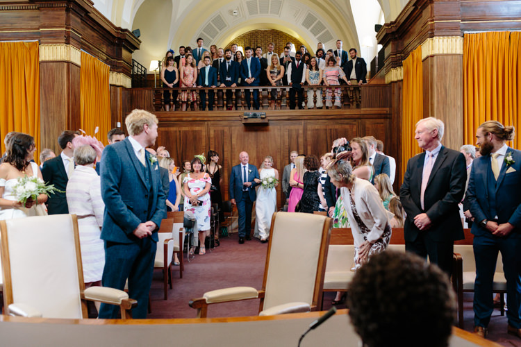 Stoke Newington Town Hall Aisle Civil Ceremony Bride Groom Father Emotional | Modern Tropical Gold Urban Wedding https://www.christinewehrmeier.com/
